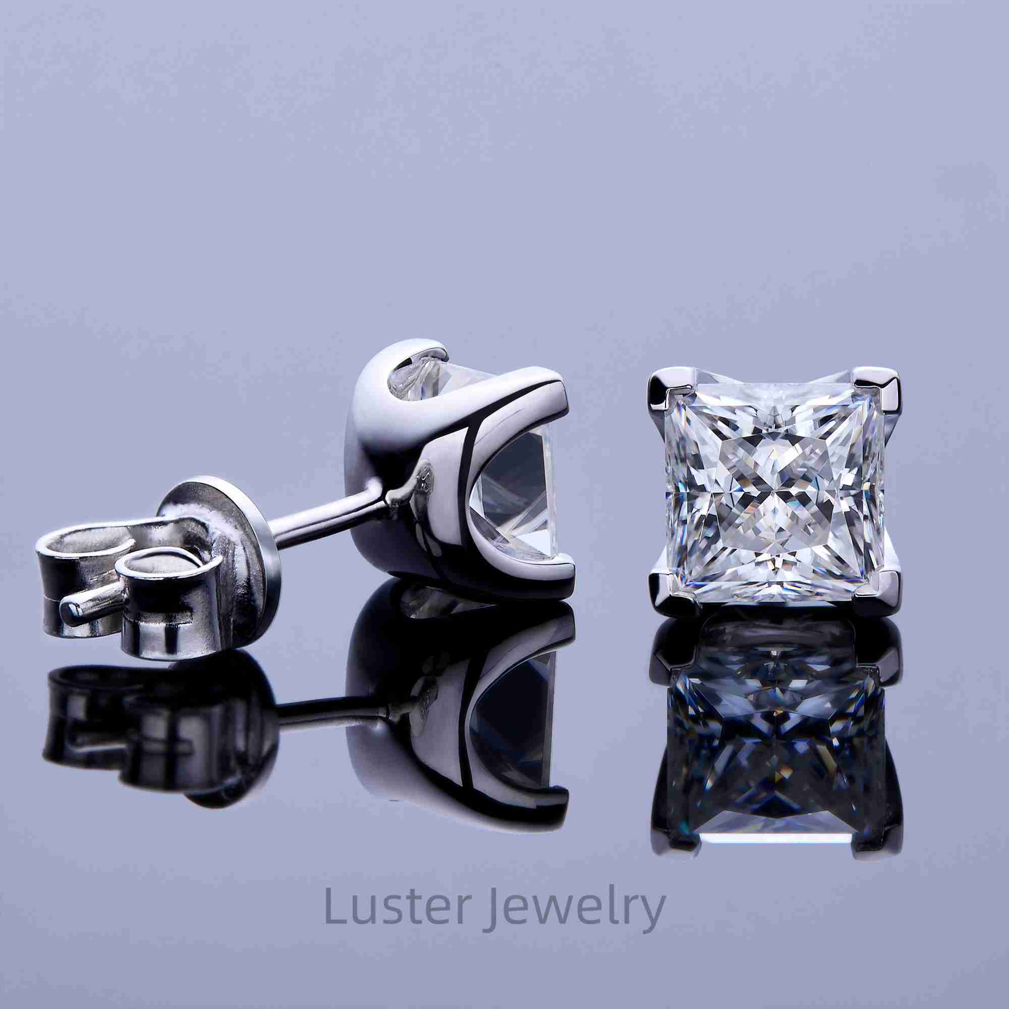 Luster Certified 925 Sterling Silver Moissanite Gemstone Earrings Four Prong 1ct Square Princess Cut Moissanite Stud Earrings
