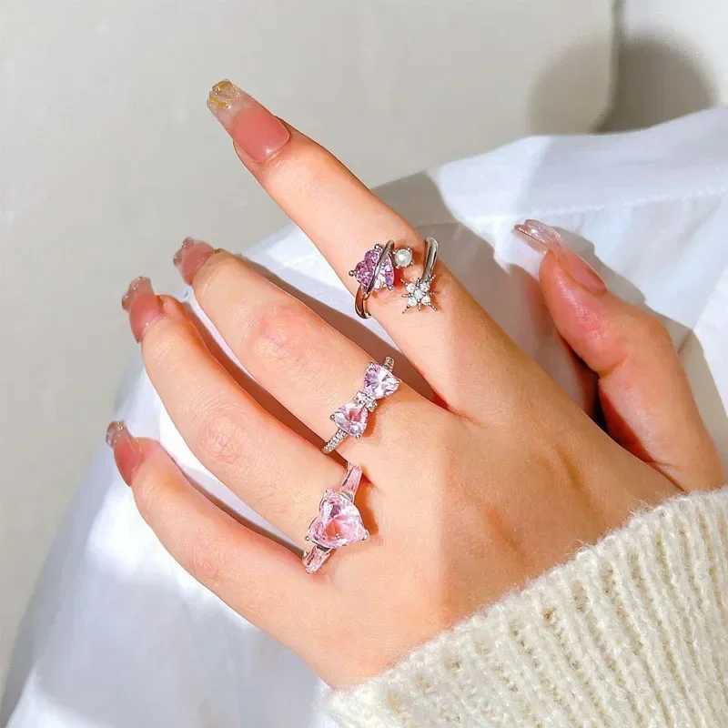 Adjustable Crystal Rings Y2K Pink Irregular Geometry Vintage Bowknot Heart Ring Set for Women Girl 2023 New Fashion Jewelry GiftXJ250219