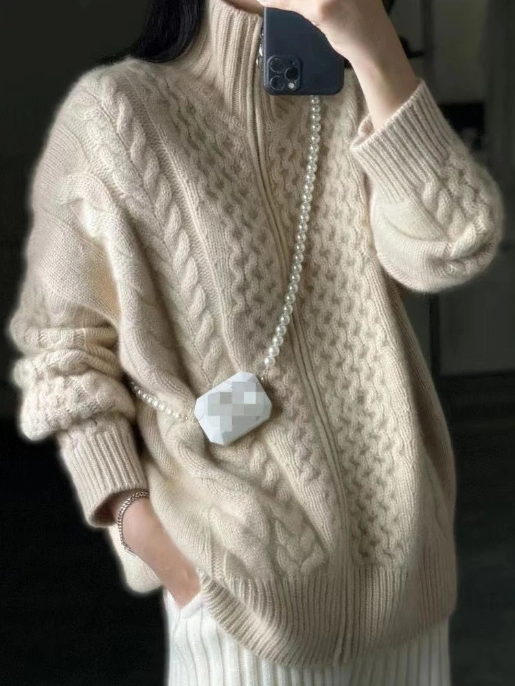 Autumn And Winter Thick Turtleneck Cashmere Knitted Cardigan Womens Loose Wool Sweater Cardigan Large Size Female Jacket Top 250214