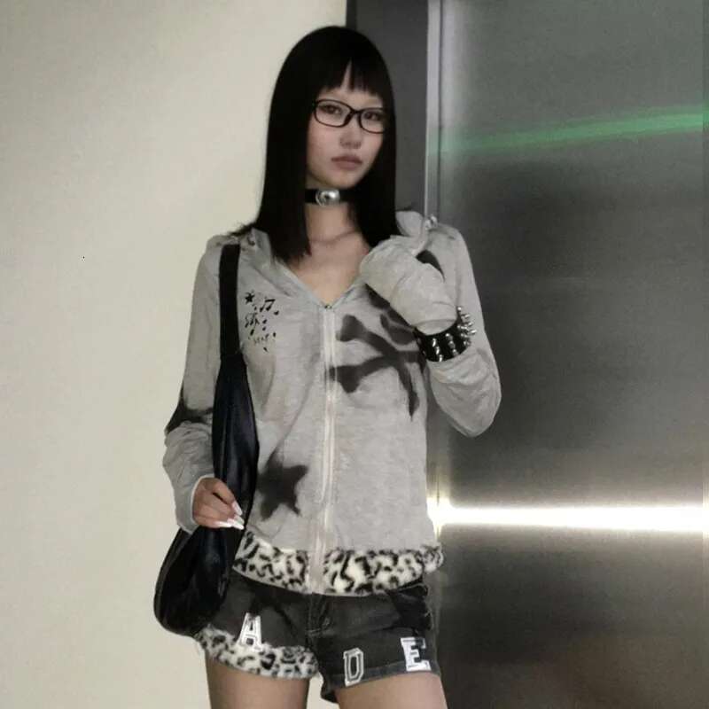 Karrram Japanese Y2k Rabbit Ears Jacket Gothic Skull Print Hooded Outerwear Vintage Haruku Zipper Sweatshirt Grunge Aesthetics