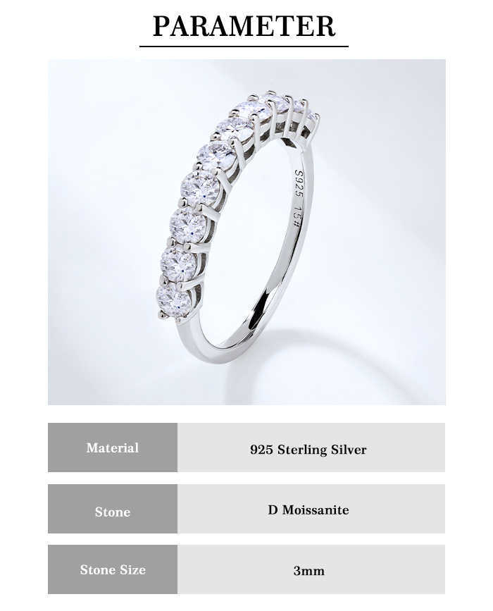 Luster Ten Moissanite 925 Sterling Silver White Gold Plated Engagement 3.0mm Round Moissanite Half Eternity Band Ring for Women