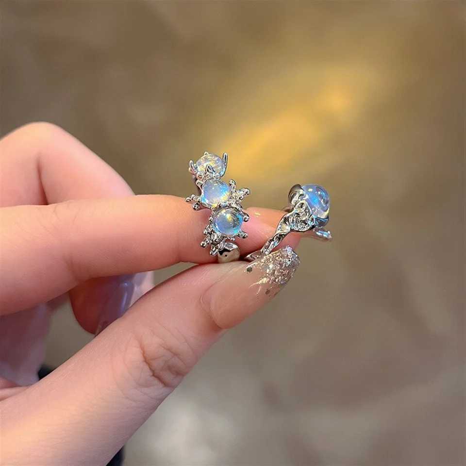 9PCS Set Aesthetic Silver Plated Y2K Irregular Moonstone Gemstone Rings for Women Teens Kpop Dainty Heart Open Ring Gift JewelryXJ250219