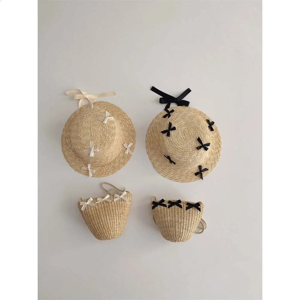Summer Childrens Sun Hat Bag Printed Bow Girls Panama Hat Childrens Sun Protection Beach Straw Hat Bag 250219