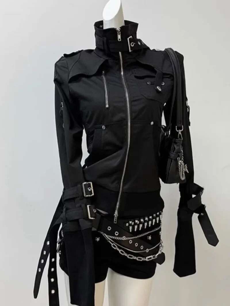 Goth Style Hip Hop Hoodies Punk Retro Moto Biker Coat Vintage Y2k Jacket Stand Collar Casual Black Outwear 2025 Spring