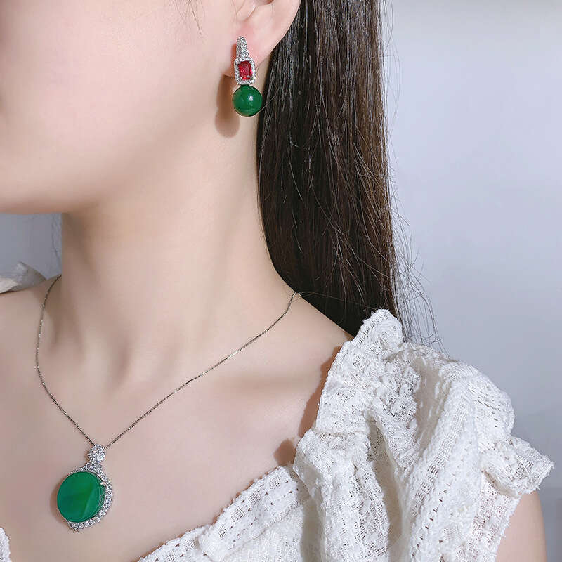 Autumn and Winter Chinese Style Emperor Necklace Earring Set Natural Green Jade Core Disc Safe temperament Earrings