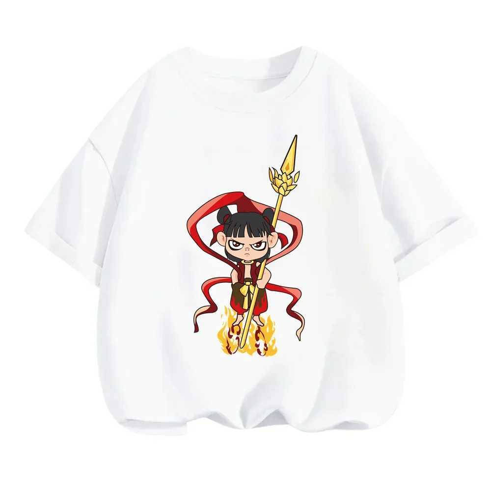 Cute Nezha childrens T-shirt for summer fashion playful Chinese mythological characters for fun suitable for Q-print on O-neck tops M250219