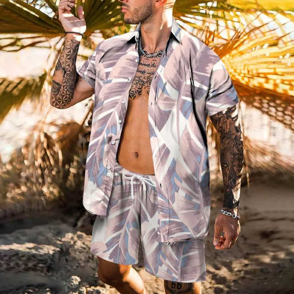Beach printed Hawaii Set Mens 2Pcs Shirt 3D Print Loose Leisure short sleeve Beach Shorts Shirt Holiday Fashion Two piece SetXJ250218