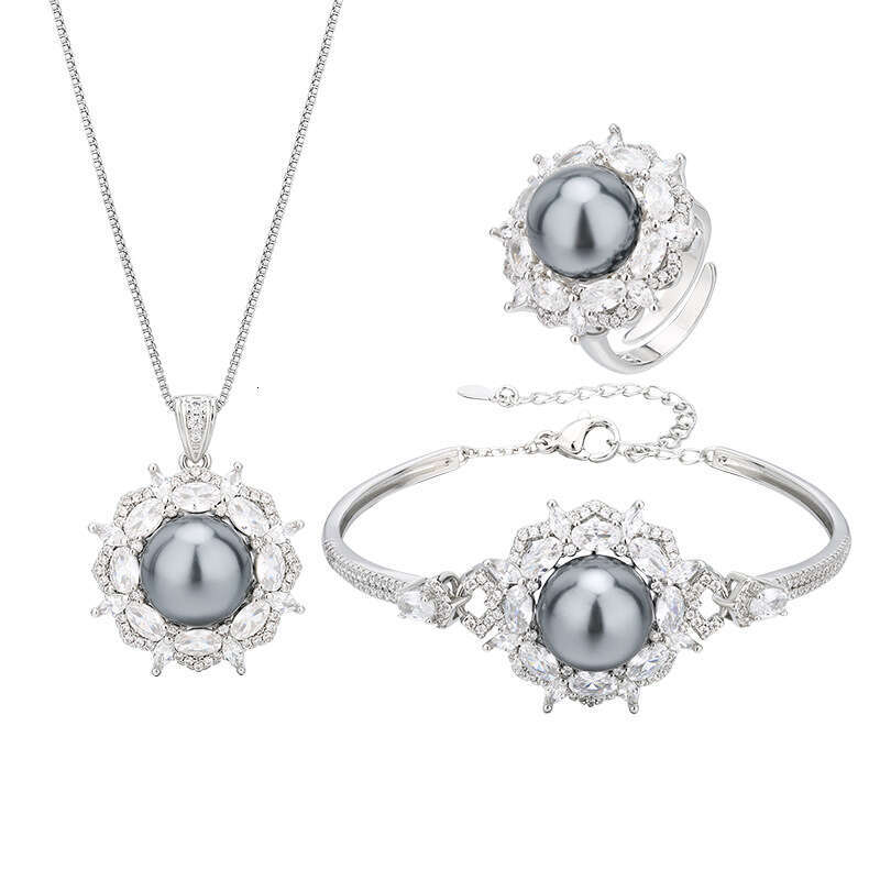 New jewelry set live broadcast, gray pearl open ring necklace bracelet, fashionable style, high-end feel for women