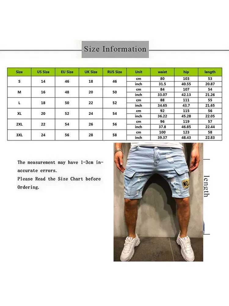 Men's Shorts 2024 clothes Y2K Summer Ripped Shorts Jeans Mens Hip-Hop Badge Pants Stretch Light blue Slim Straight Mens Short Jeans Men z250219