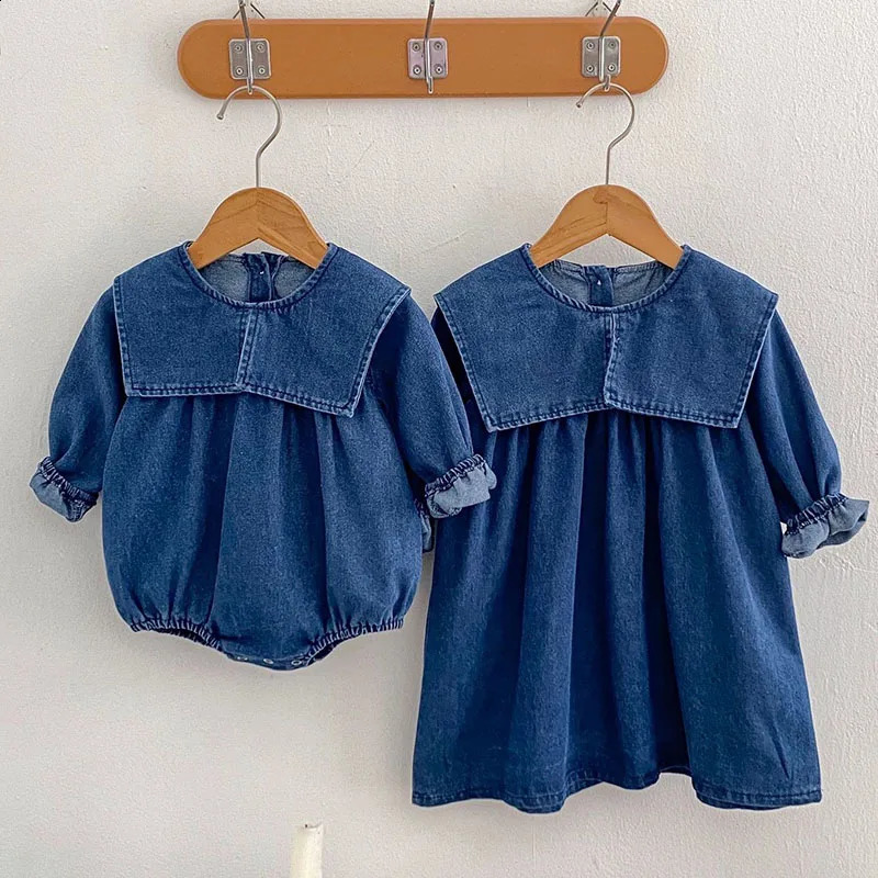 Autumn Sister Dress 2-6Yrs Girl Party Dress Long Sleeved Solid Color Denim Baby Girl Romper Kids Princess Dresses 250219