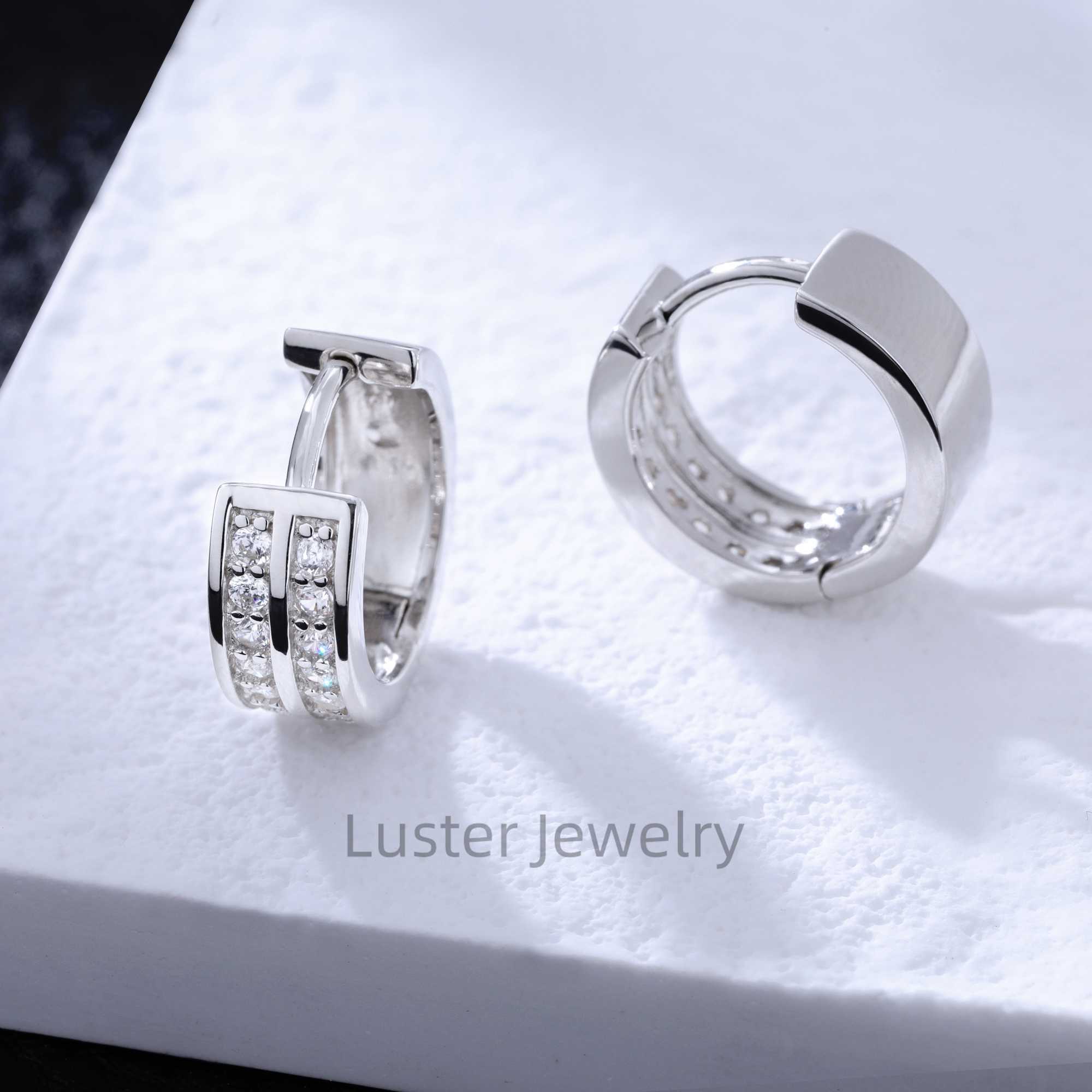 Luster Classic Daily Wear Small Round Brilliant Cut Moissanite 925 Sterling Silver Double Row Moissanite Huggies Earrings