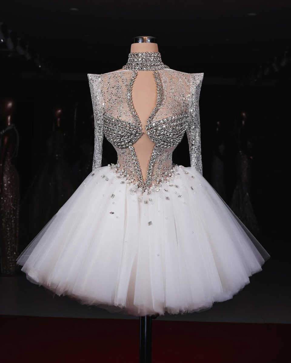 Sparkly Evening Mini Dresses For Women High Collar Long Sleeves Gown Sequins Crystal Pearls Short Customized Dress