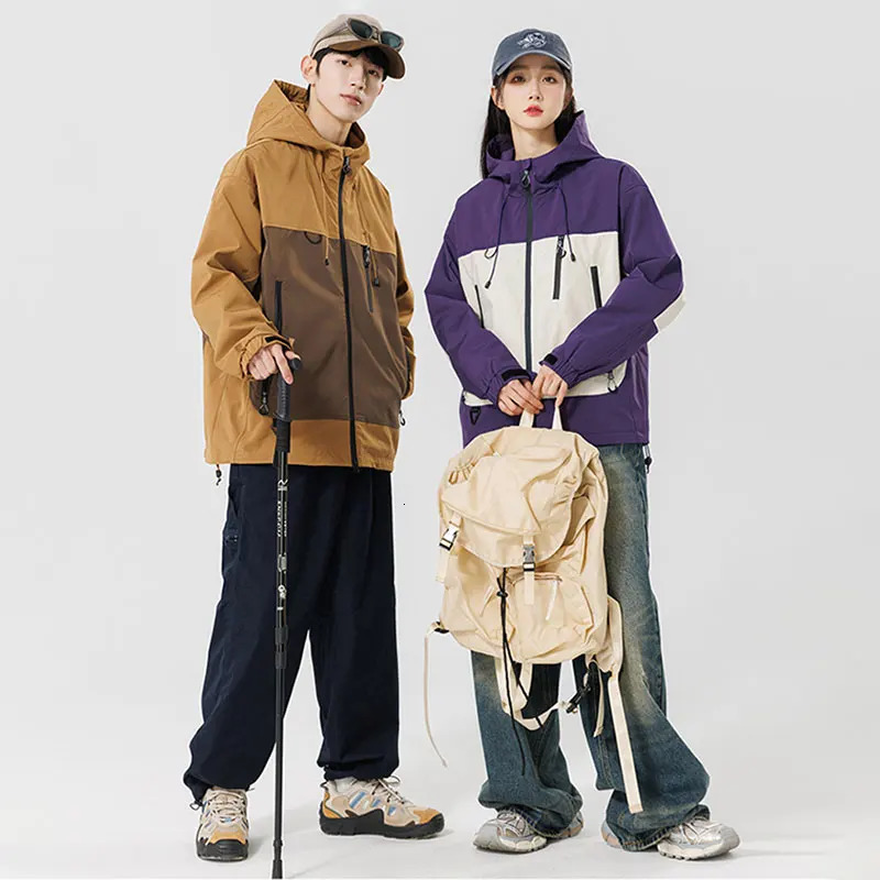 Couple Jackets Autumn Fashion Stitching Color Casual Men Trend Outdoor Windproof Waterproof Woman Coats Hooded High Quality Tops 250210