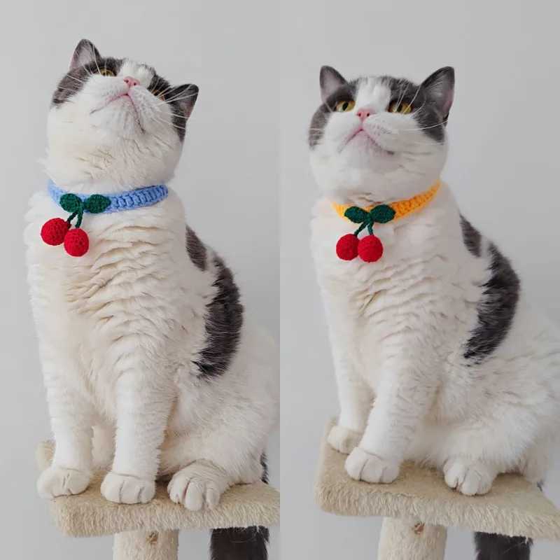 Cat Collars Adjustable Pet Collar With Cherry Handmade Knitted Cat Necklace Cute Collars For Cats Kittens Puppies Pet SuppliesXJ250218