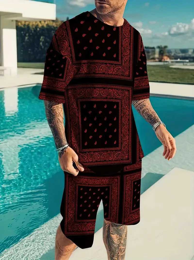 Fashion Trend Mens T-shirt Set Splicing Cashew Flower Pattern y2k Round Neck Short Sleeve And Shorts Comfortable And BreathableXJ250218