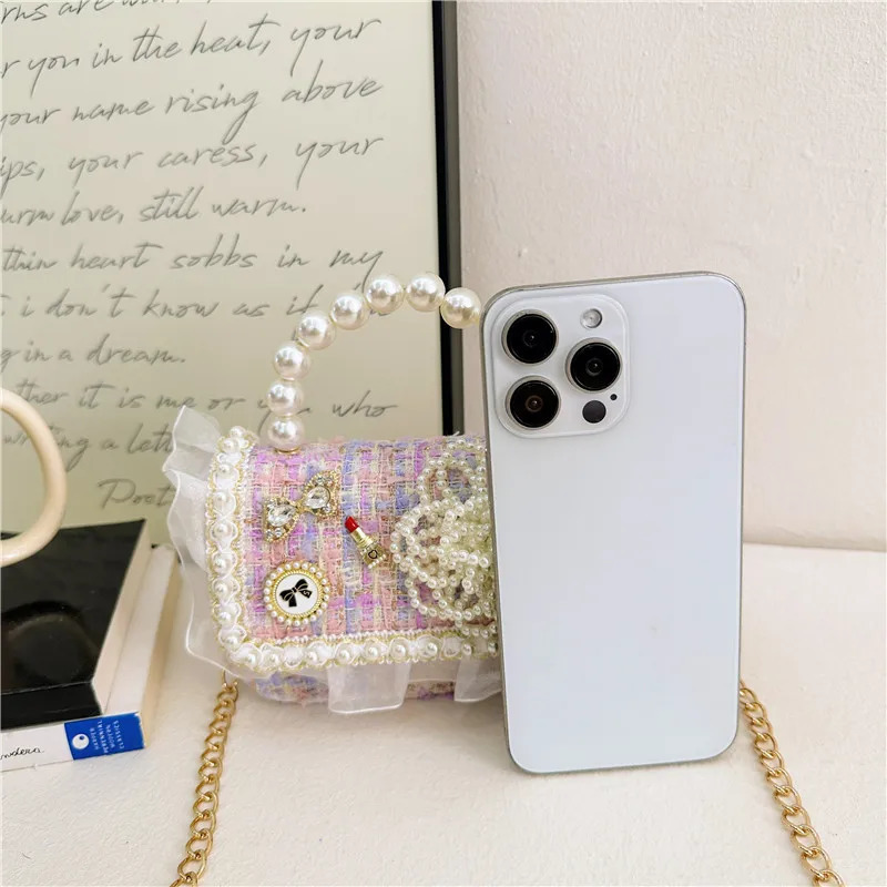 handbags mini purse Lattice girls bag wool bags for childrens pink girls purses and Pearl Handheld shoulder bag 250219