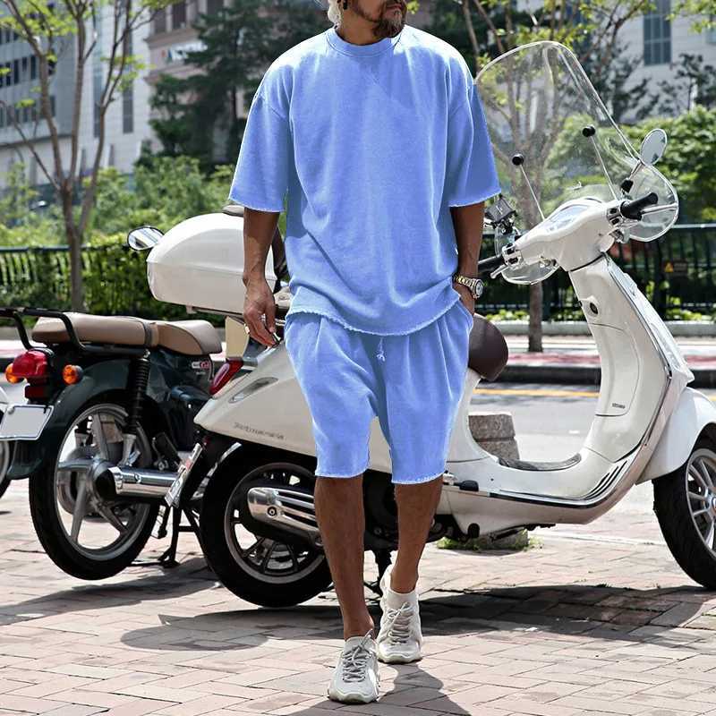 Mens Tracksuit Casual Cotton Short-sleeved T-Shirt Shorts 2-piece Suit 2024 Summer Sportswear Loose Mens Clothing SuitXJ250218