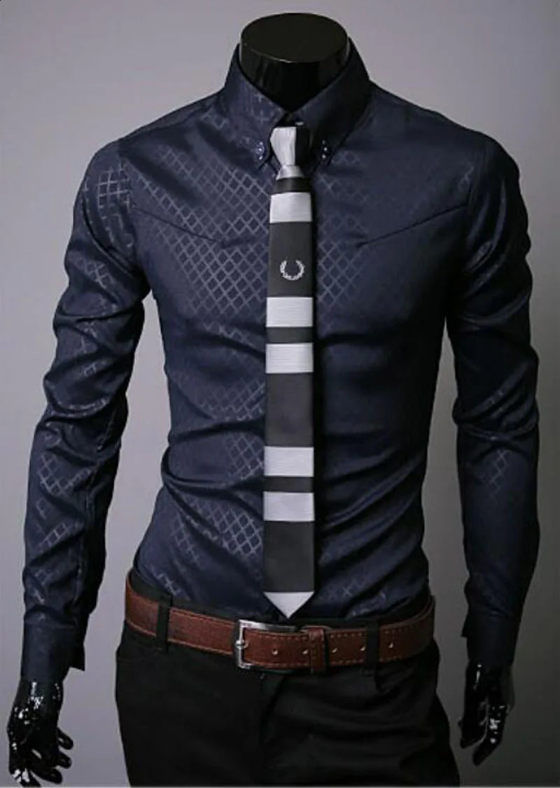 Men Plaid Shirts Mens Dress Shirts Long Sleeve Slim Casual Black White Social Male Clothes Chemise Homme Shirt S09 250214