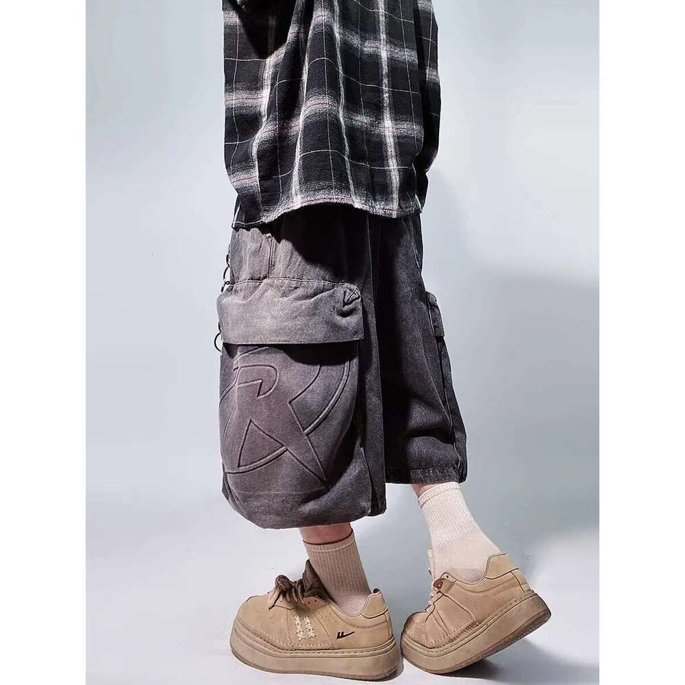Ripped Shorts Y2k Summer New Mens Loose Retro Hip Hop Wide Leg Sweatpants Oversized Pocket Letter Pattern Denim Gym Shorts Streetwear