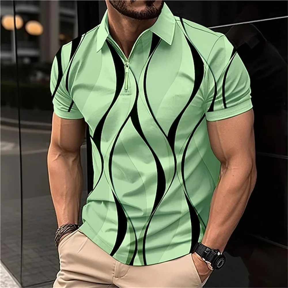 Mens Zipper Collar Polo Shirt Golf Pattern Printed Geometric Lines Folding Short Sleeve Clothing Top Handsome T 250219