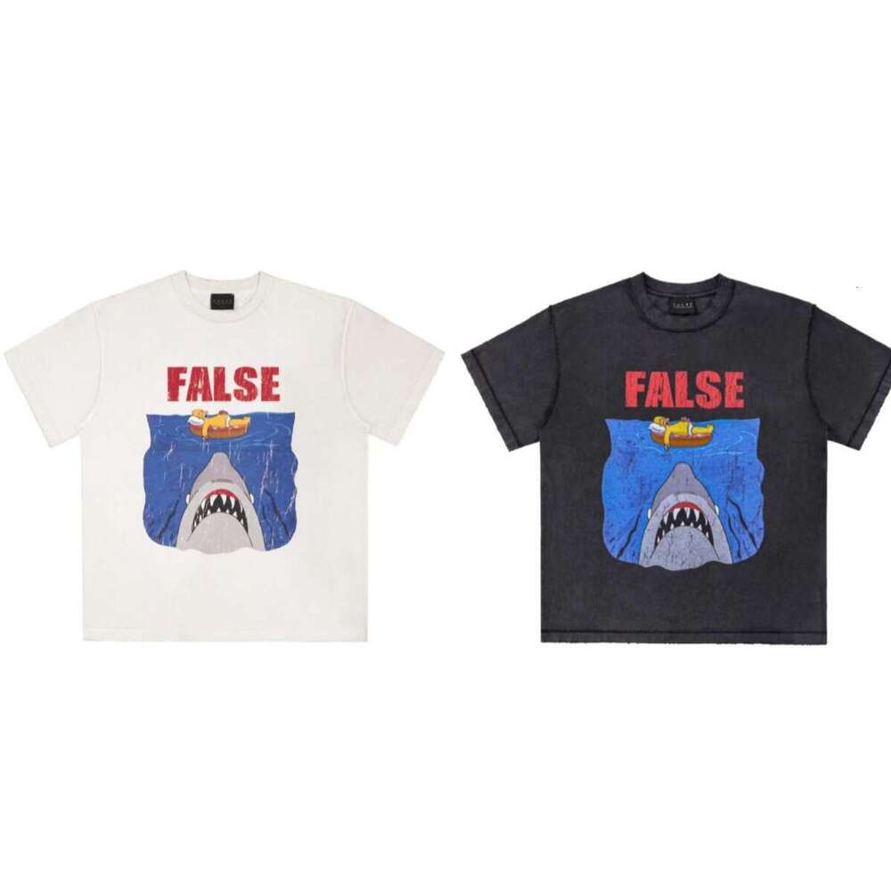 Vintage high street niche trendy brand cartoon Simpson shark wash water crack print summer short sleeved T-shirt for men
