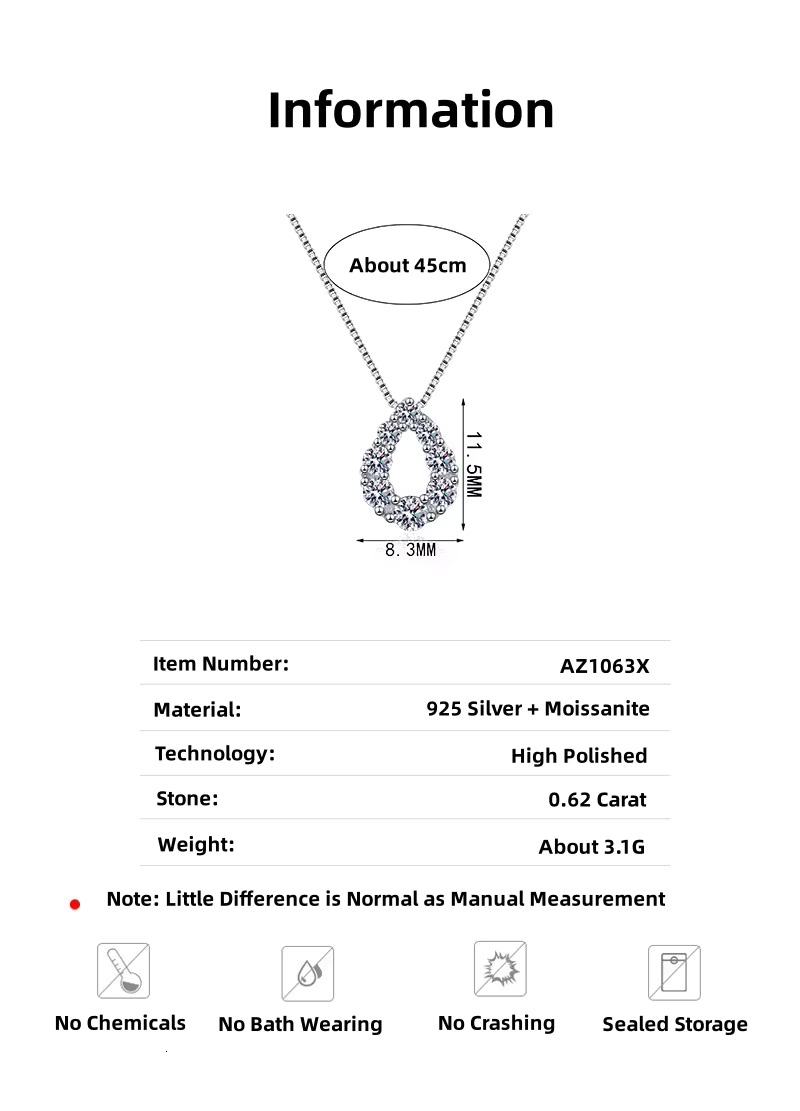 Sterg Sier Ladies Dia Pendant and Chain Fine Jewelry 0.62 CT Water Drop Moissanite Necklace