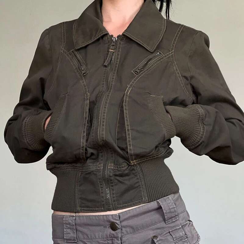 BIIKPIIK Casual Pockets Zipper Jackets Turndown Collar Long Sleeve Women Haruku Coat Vintage Y2K Slim Fit Jacket Autumn Winter