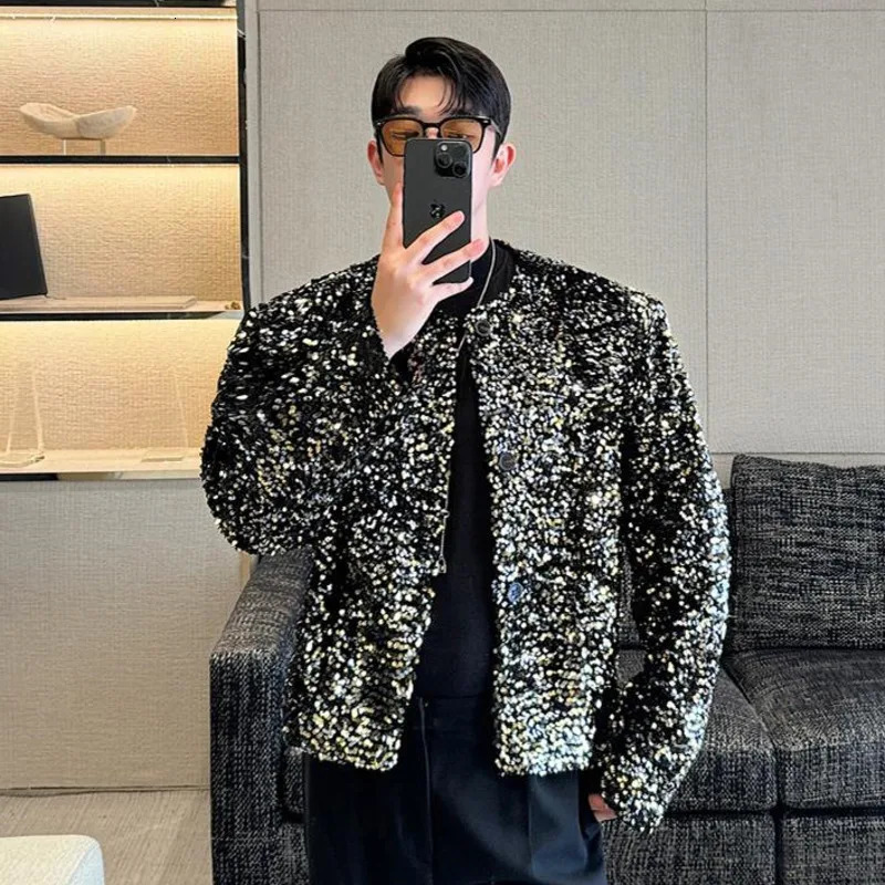 IEFB Niche n Mens Jackets Casual Collarless Sequins Single Breasted Tops Loose Solid Color Trend Male Short Coats 9C7940 250214