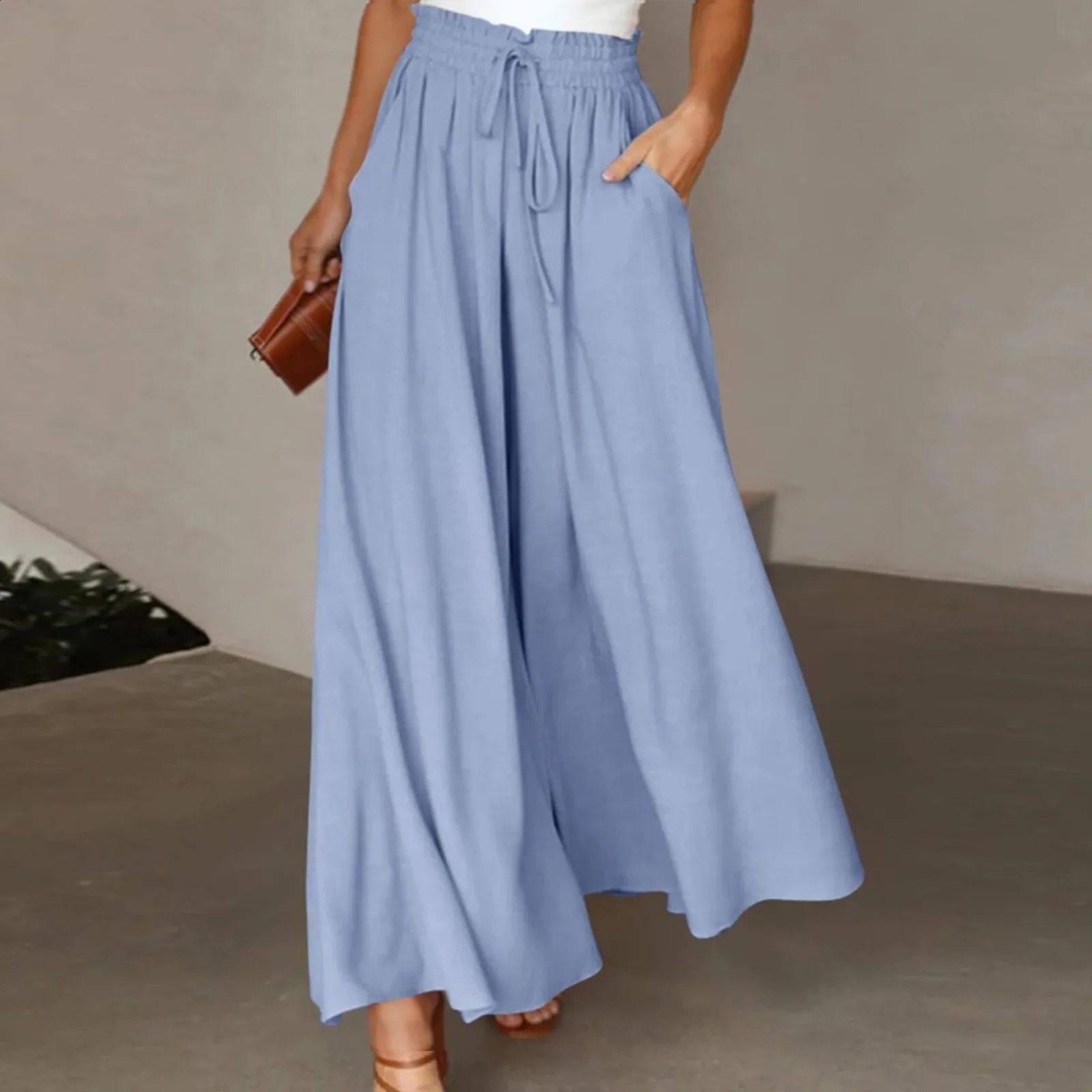 Women Wide Leg Pants Elastic Waist Drawstring Oversized Trousers Korean Fashion Pantalones Y2k Boho Solid Color Beach Pants 250218