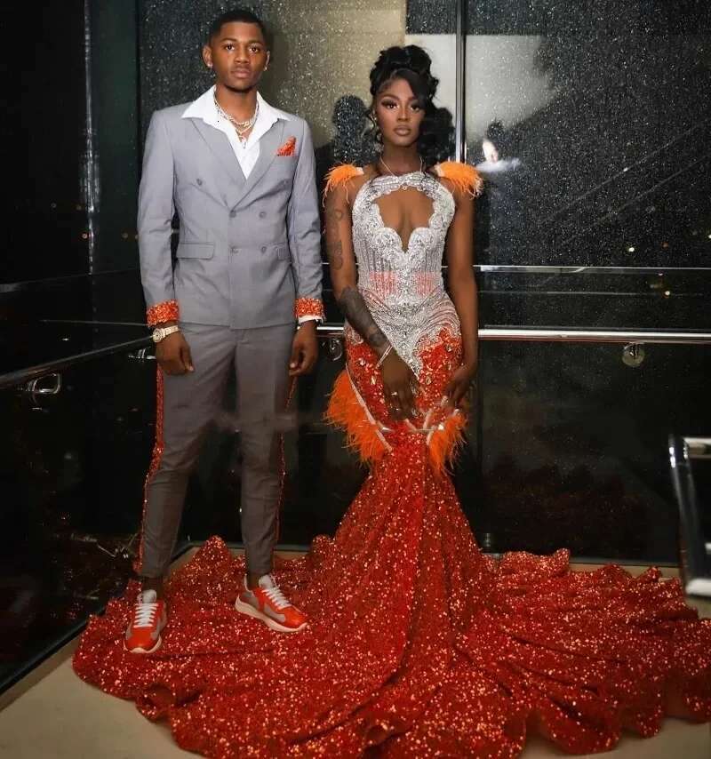 Orange Sparkly African American Long Prom Dresses For Black Girls Sequins Feather Crystals Women Party Evening Gown Customized