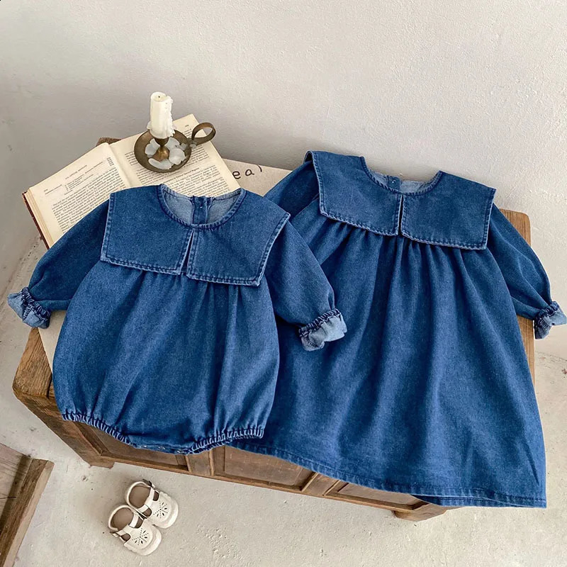 Autumn Sister Dress 2-6Yrs Girl Party Dress Long Sleeved Solid Color Denim Baby Girl Romper Kids Princess Dresses 250219