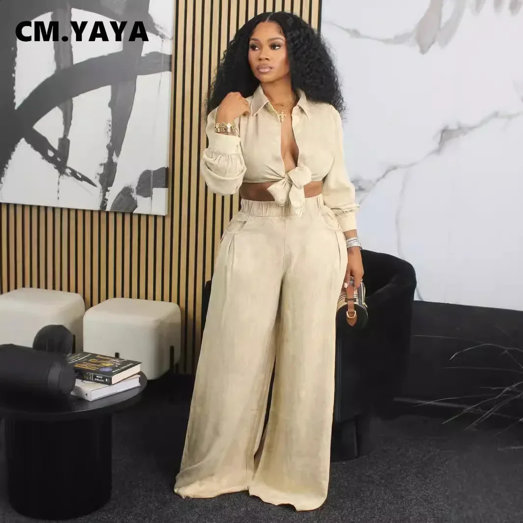 CM.YAYA Womens Set Tie Up Long Sleeve Shirt and Pocket Loose Wide Leg Pants Autumn Street Two 2 Piece Sets Outfits Tracksuit 250218