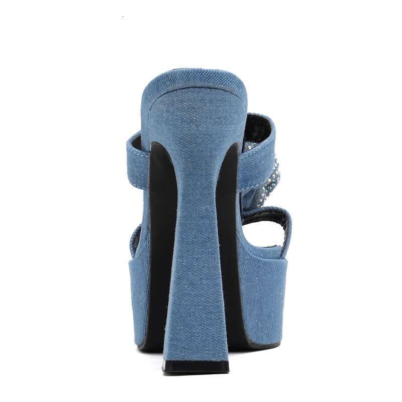 Denim CRYSTAL wer Women Slippers Slides Summer Design Fashion Peep Toe Square Heels Gladiator Sandals Shoes