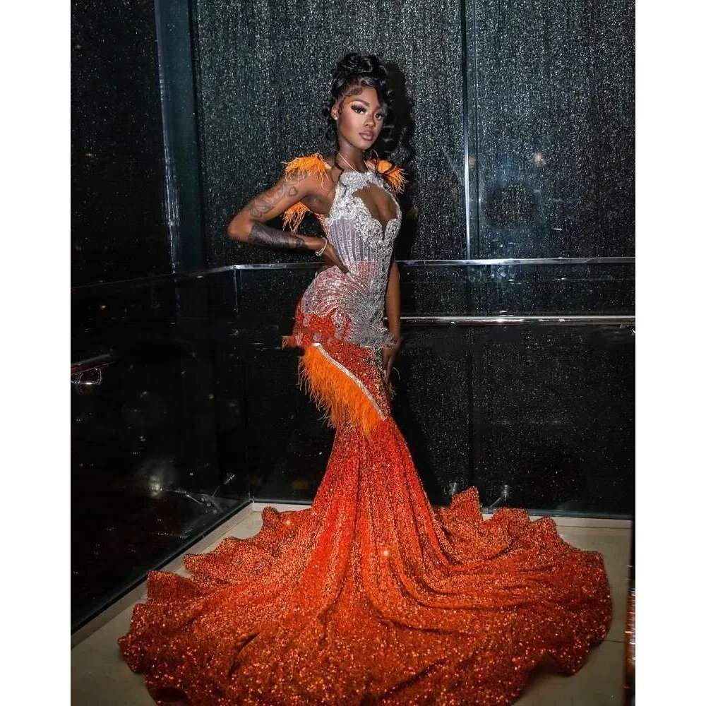 Orange Sparkly African American Long Prom Dresses For Black Girls Sequins Feather Crystals Women Party Evening Gown Customized