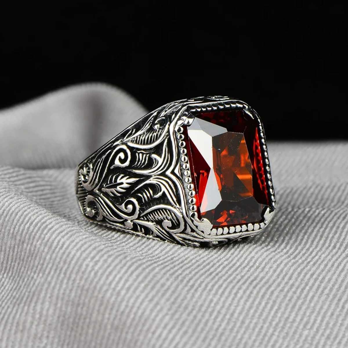 Vintage Handmade Turkish Signet Ring For Men Women Ancient Silver Color Carved Ring Red Yellow Zircon Inlay Punk Motor BikerXJ250219
