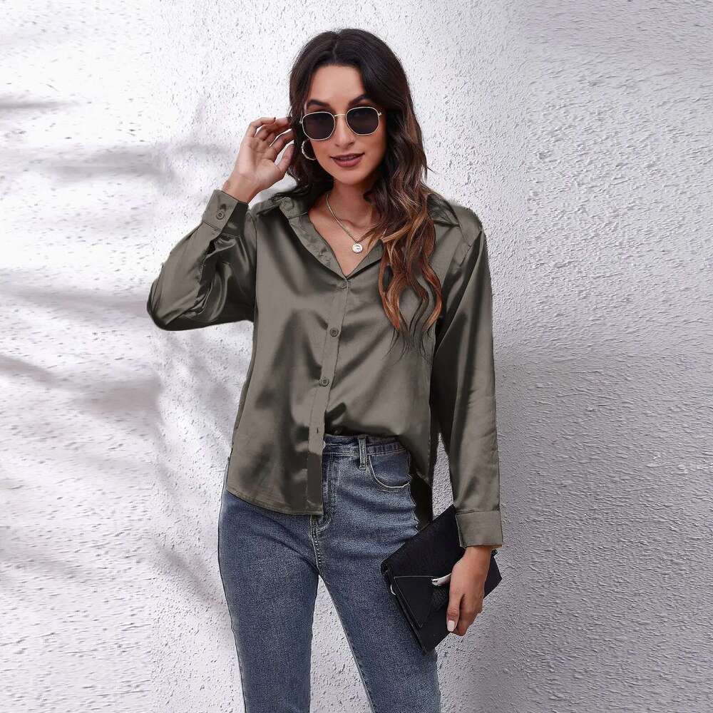 Autumn Women Solid Satin Long Sleeve Imitation Silk Loose Button Up Blouse Shirt Ladies Tops Fashion Clothing