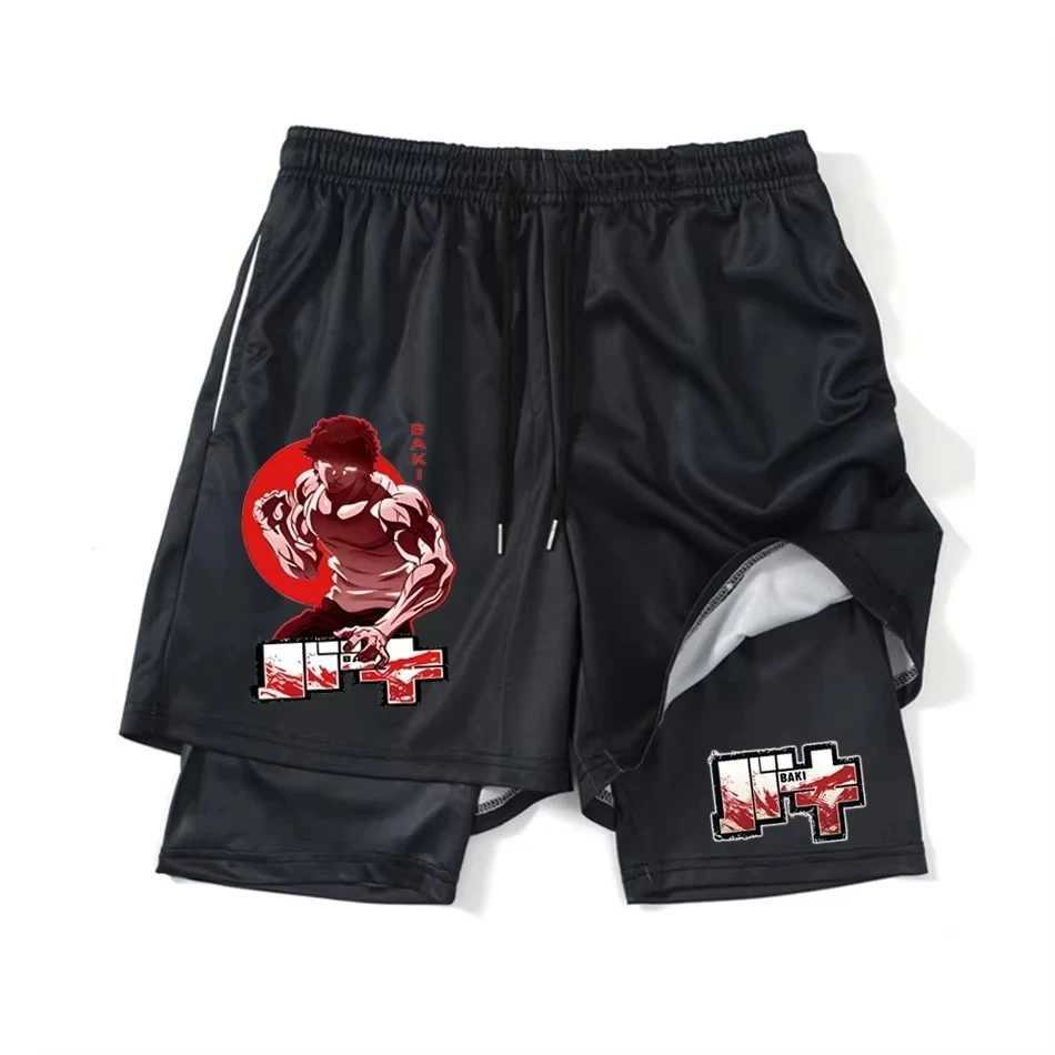 Anime Hanma Baki Gym Shorts Black for Men 2 In Mesh Quick Dry Board Shorts Mens Bodybuilding Fitness Running Short Pants Summer W250219