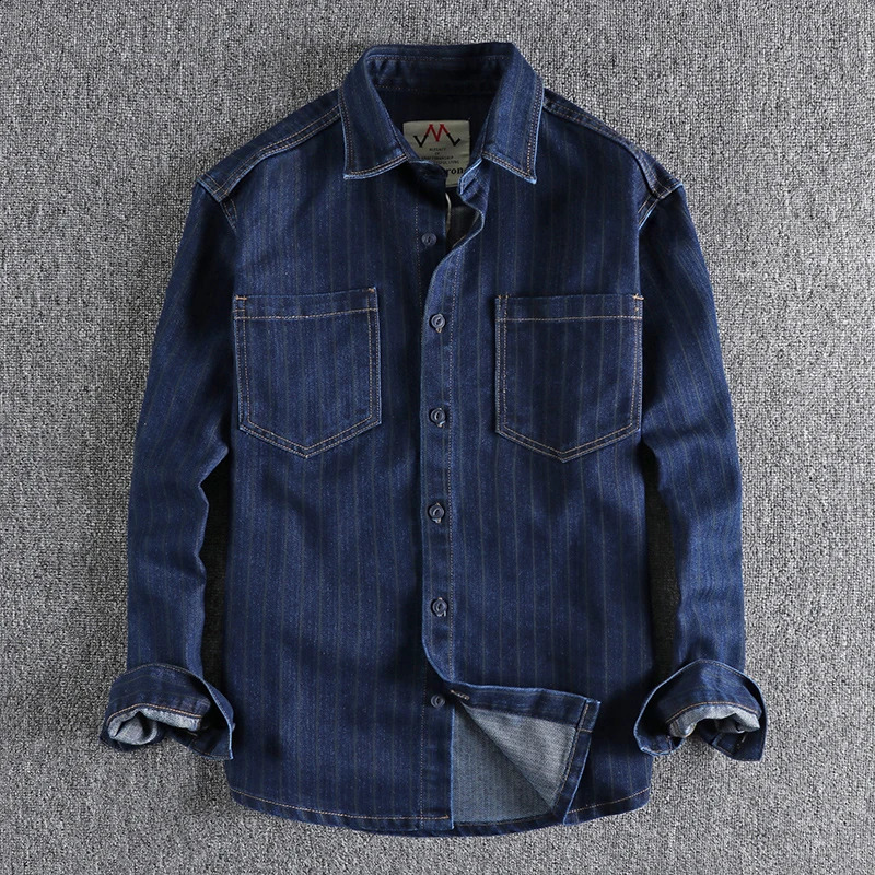 European and n retro yarn-dyed striped jeans shirt men wash khaki fashion youth loose casual thin coat 250214