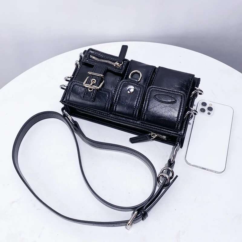 Moto & Biker Box Bag For Women Designer Handbag Purse 2024 New In PU Inlaid Metal Ring Multiple Pockets Underarm Shoulder