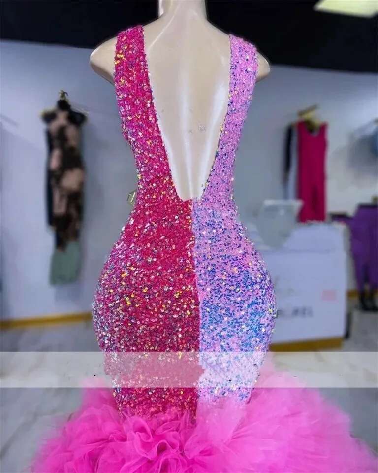 Pink Rhies Prom Dresses Black Girl Mermaid Beaded Ruffles Birthday Evening Gala Party Gown Graduation Customized
