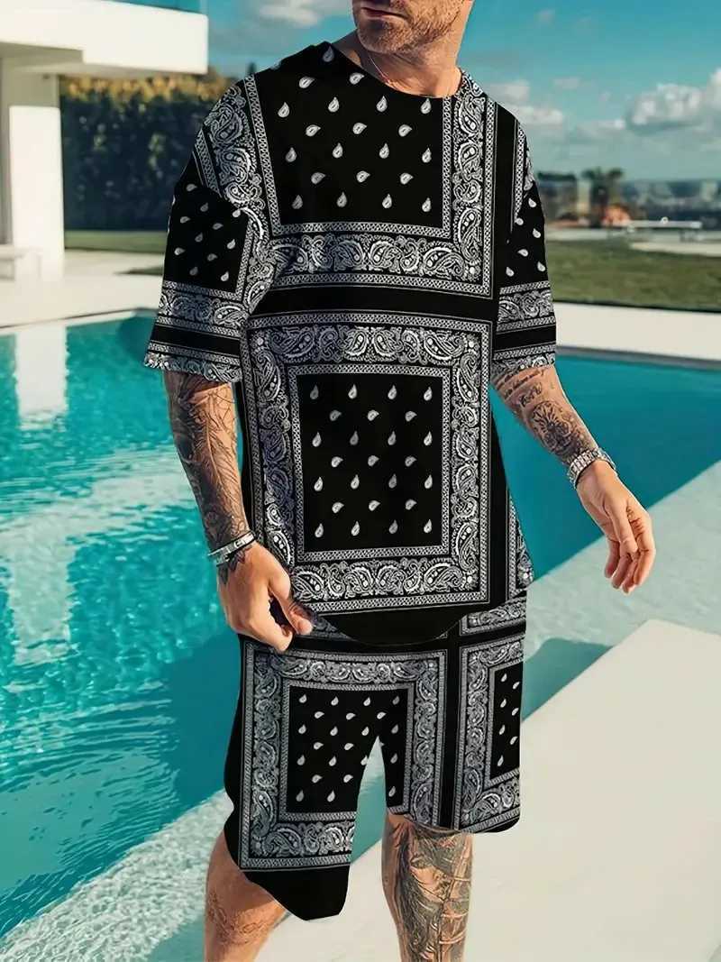 Fashion Trend Mens T-shirt Set Splicing Cashew Flower Pattern y2k Round Neck Short Sleeve And Shorts Comfortable And BreathableXJ250218