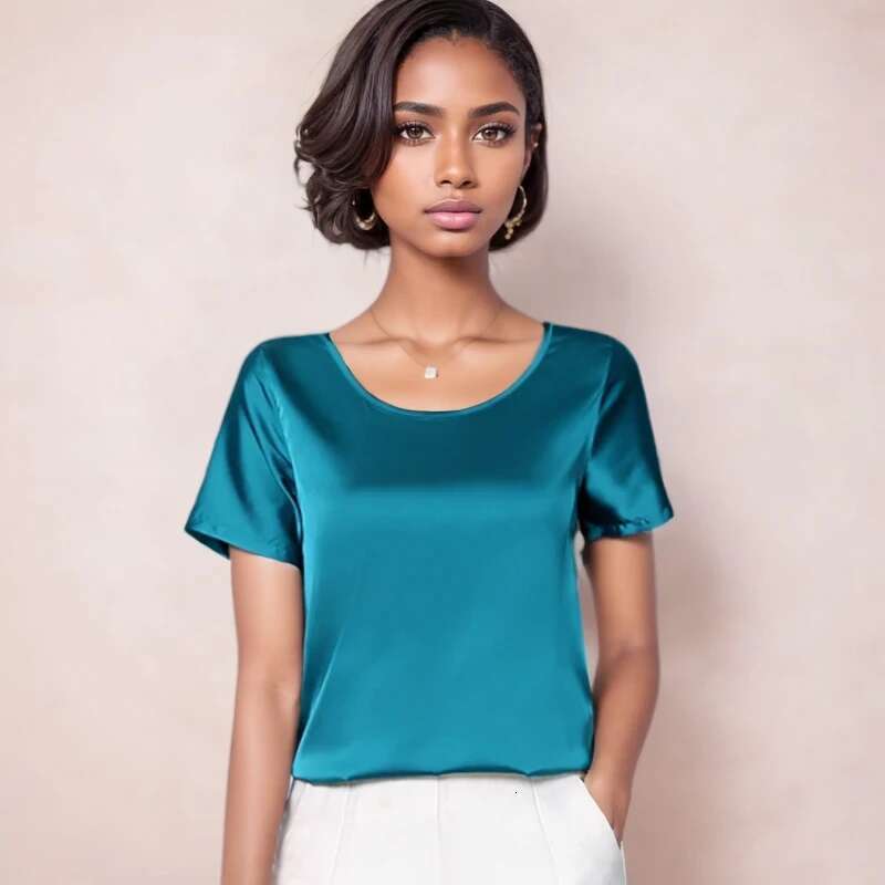 Womens Tops And Blouses 2024 Casual Silk O-Neck Office Lady Clothes Summer Satin Short Sleeve Solid Color Shirt Blusas 2126 50