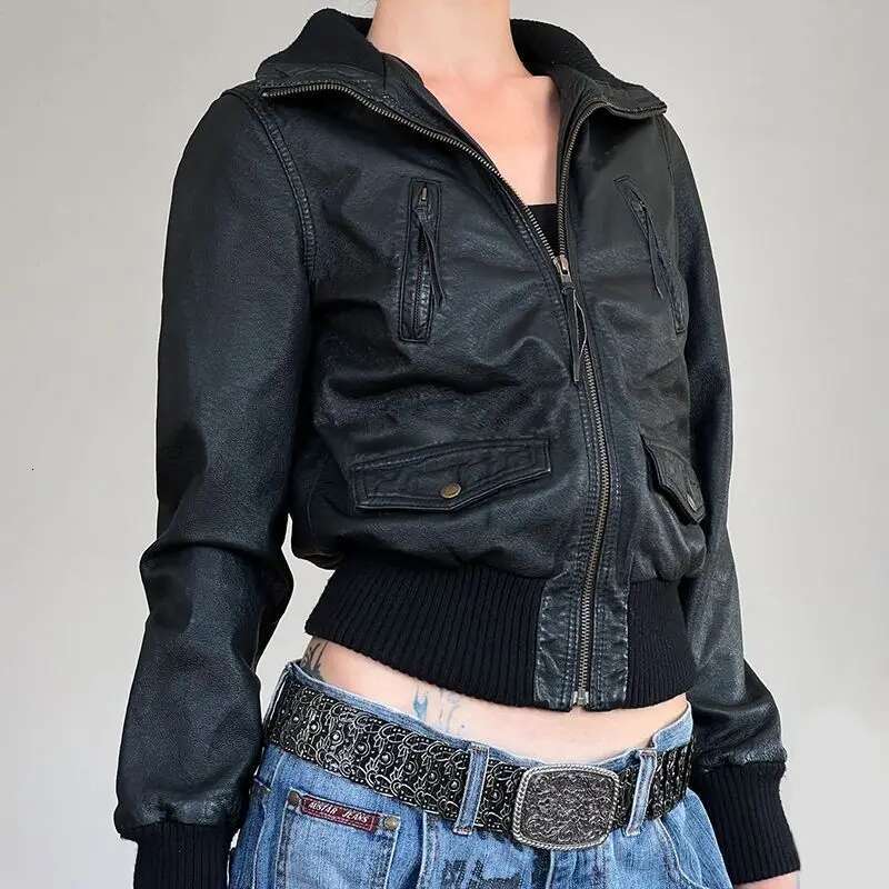 American Style Vintage Workwear Zipper PU Leather Stand Collar Waist-Fitted Screw Thread Sewn Slimming Jacket