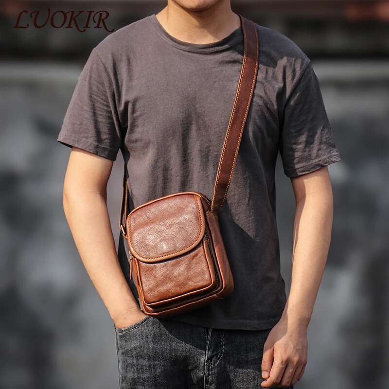 LUOKIR Men's Crossbody Real Leather Shoulder Bag Retro Cowhide Small Sg Bags Casual Personality Satchel For 7.9 Inch Ipad