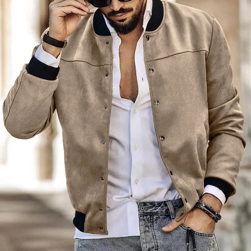 25 Mens Solid Suede StandUp Jacket Button Cardigan CrossBorder Casual Vintage American 250210