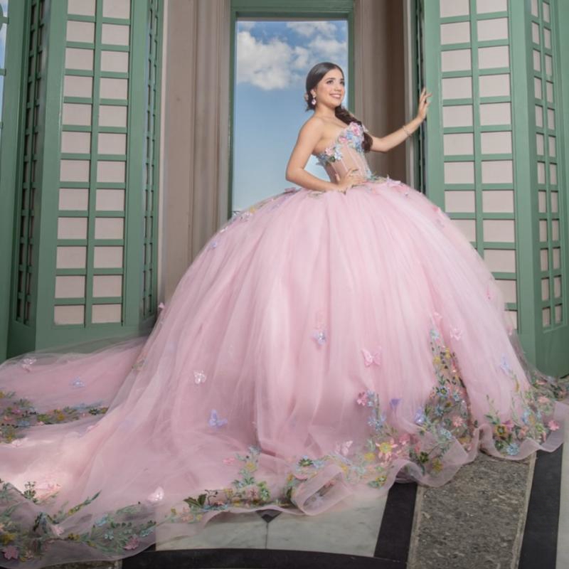 Pink Shiny Quinceanera Dresses Ball Gown Off Shoulder Appliques Lace Bow Beads Tull Sweet 16 Dress Vestidos 15 De Anos