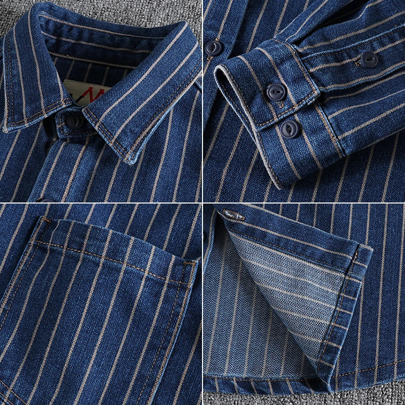 European and n retro yarn-dyed striped jeans shirt men wash khaki fashion youth loose casual thin coat 250214