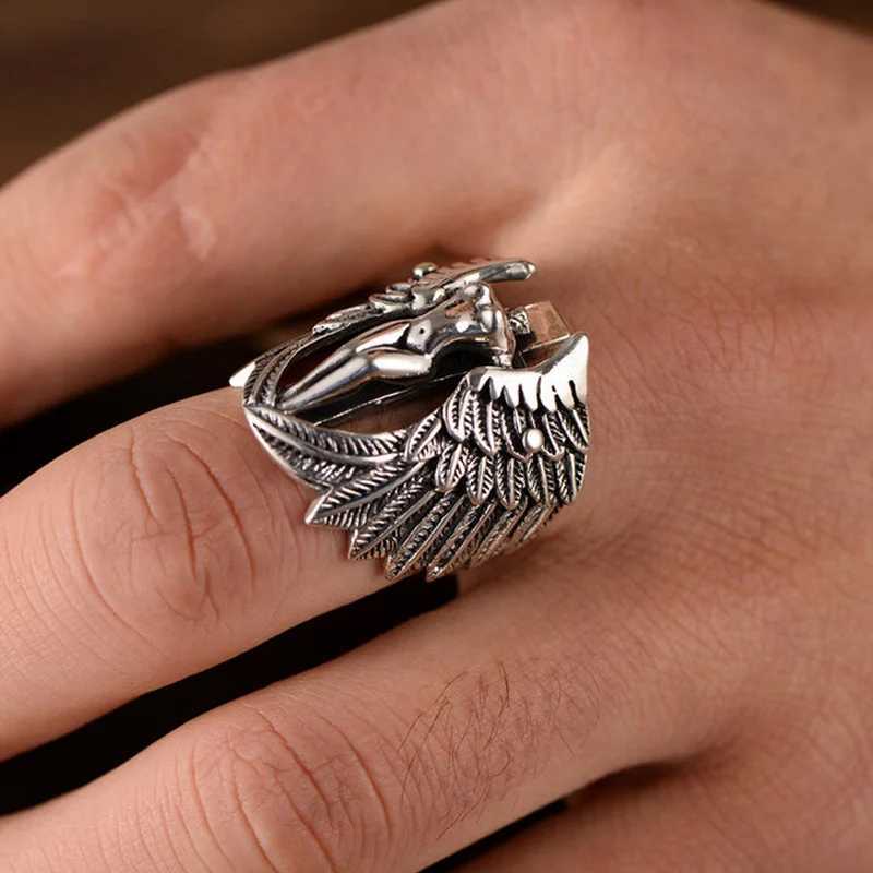 Retro Cross Angel Wings Ring For Men Silver Color Punk Gothic Open Ring Handmade Rock Hiphop Unisex Jewelry Accessories Man GiftXJ250219