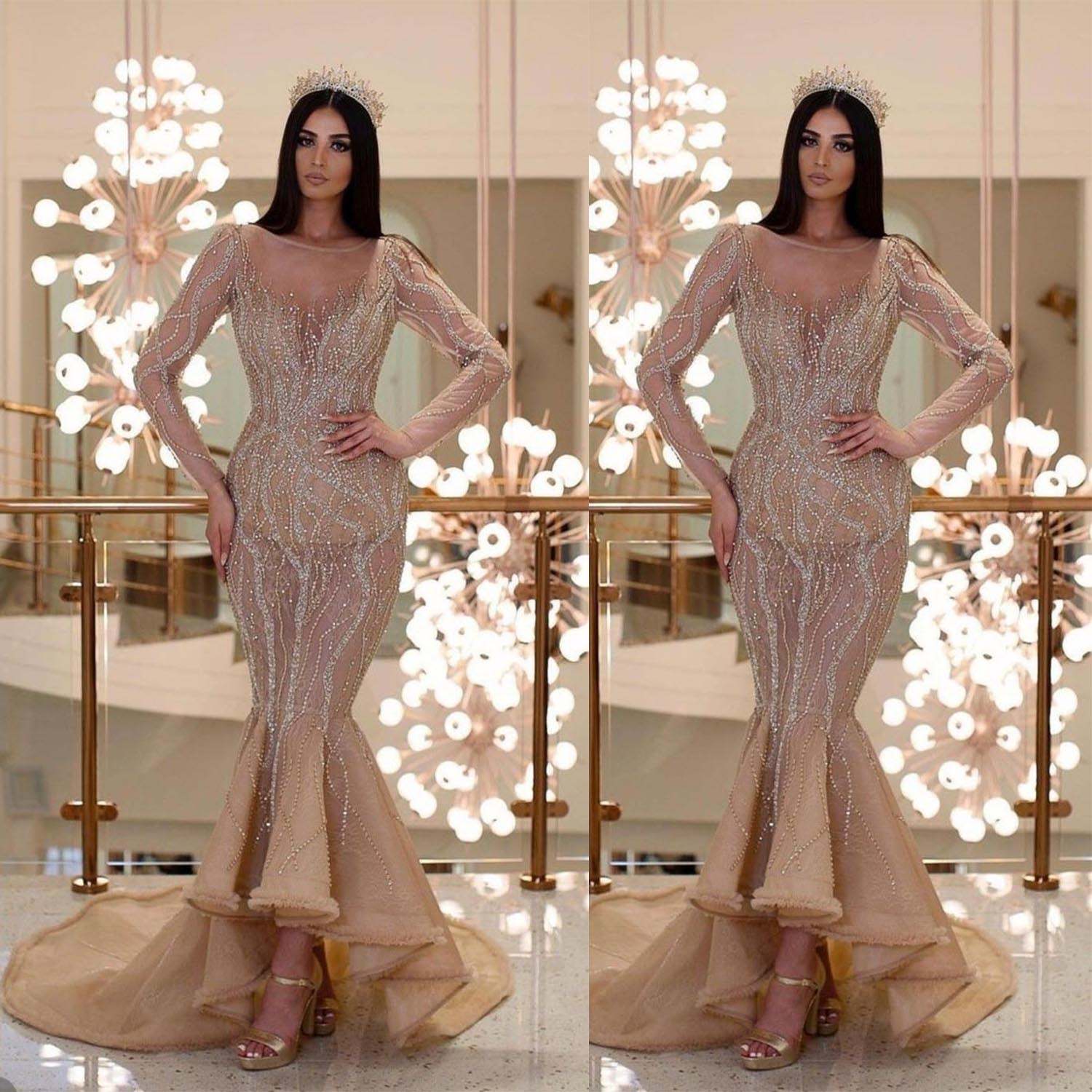 2025 Elegant Mermaid Prom Dresses For Women With Long Sleeve Bling Sequins Evening Party Dresses Floor-Length Special Occasion Customized Plus Size Ve