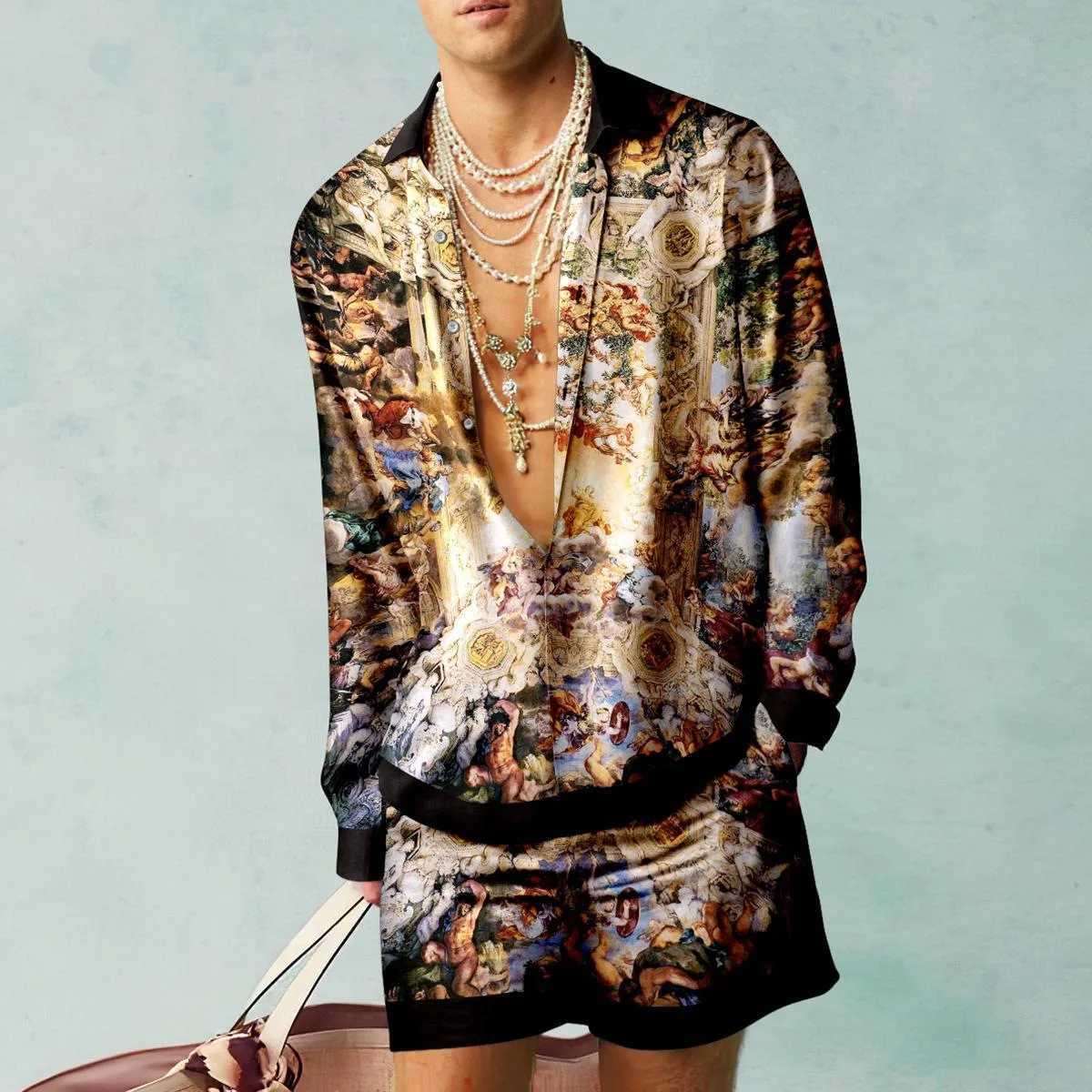 Hawaii Beach Set Mens Casual Outdoor 3D Koi Print Abstract Long Sleeve Shirt 2-piece Set Breathable Wide Beach Shorts SetsXJ250218